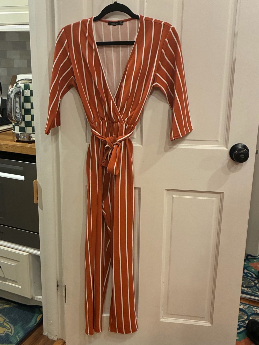 Boohoo Rust-Orange Striped Wrap Jumpsuit